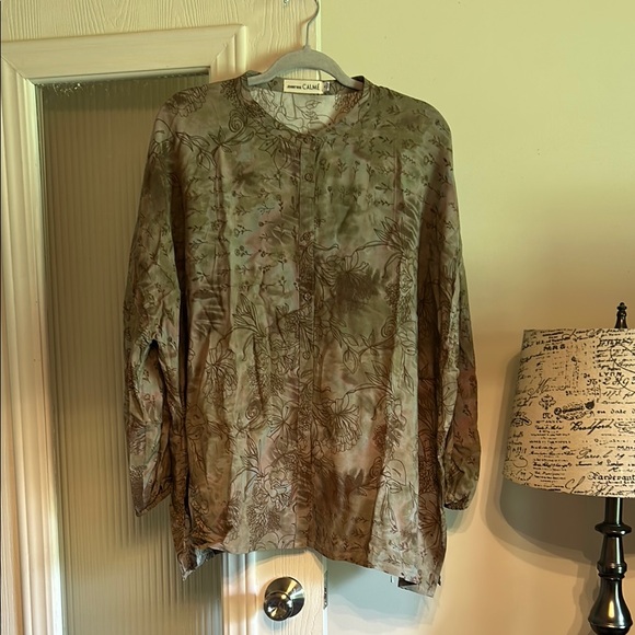 Johnny Was Tops - Johnny Was Calme Olive Green Floral Top (XL)